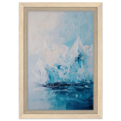 Framed abstract painting of a sailboat in blue and white for Iceberg Elegy room decor