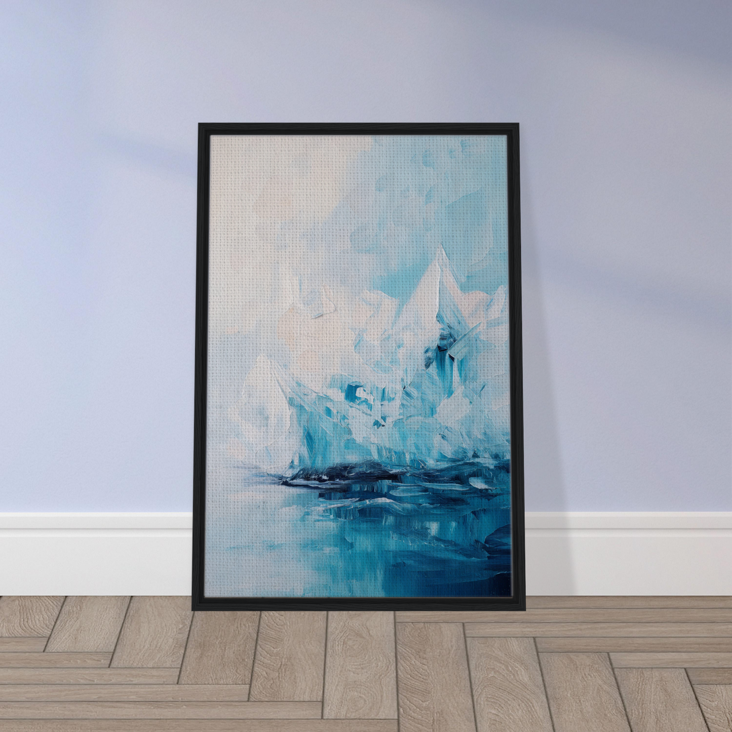 Framed canvas print of Iceberg Elegy in blue and white, featuring an ethereal quality