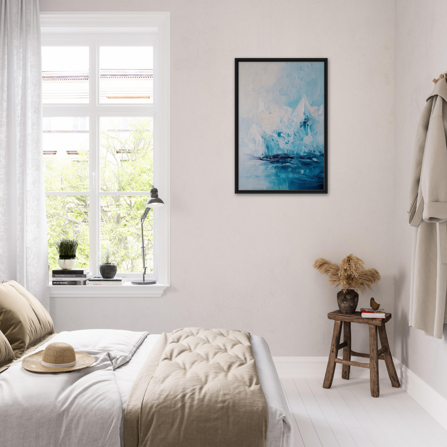 Bright, airy bedroom showcasing Iceberg Elegy with minimalist decor and blue abstract painting