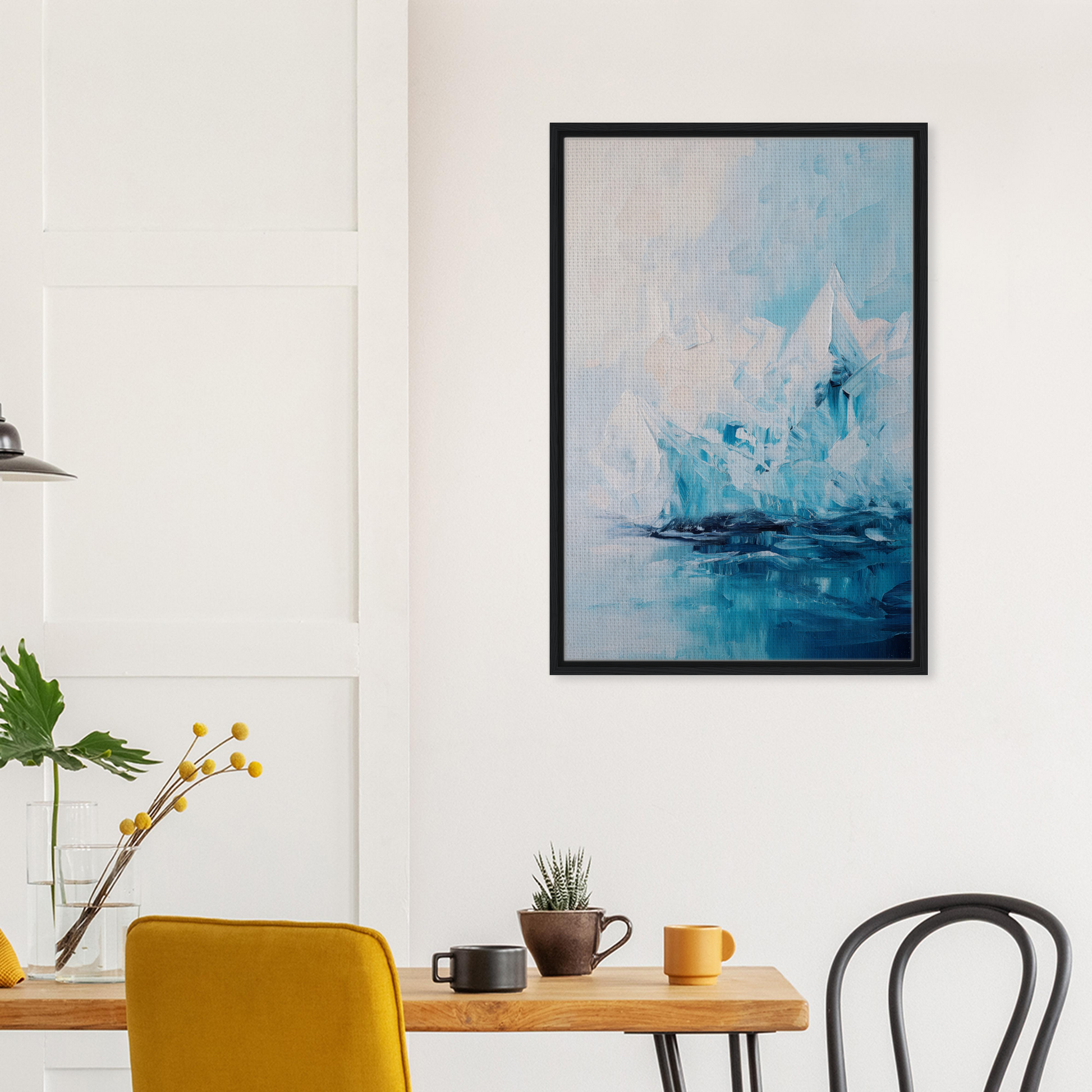 Abstract painting in blue and white, framed canvas print titled Iceberg Elegy by Fashion Oracle™