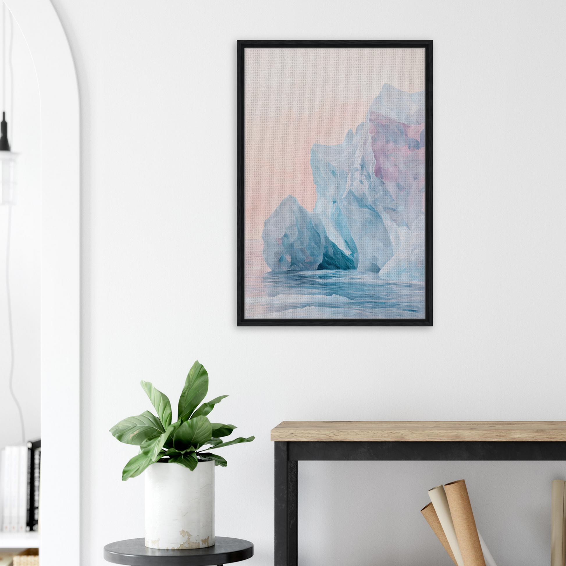 Framed canvas print of icy mountains in pastel colors titled Iceberg Ephemeron Ballet