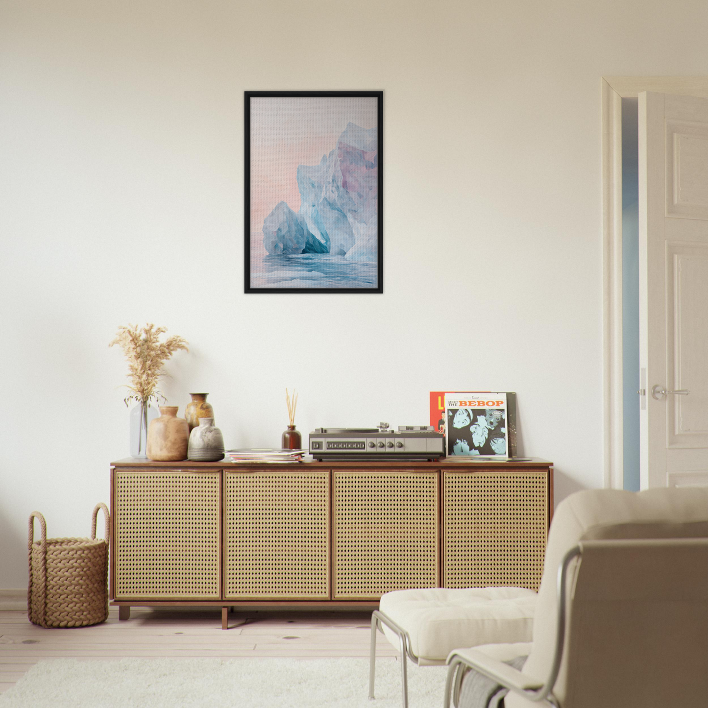 Wooden sideboard with cane-webbed doors atop Iceberg Ephemeron Ballet room decor