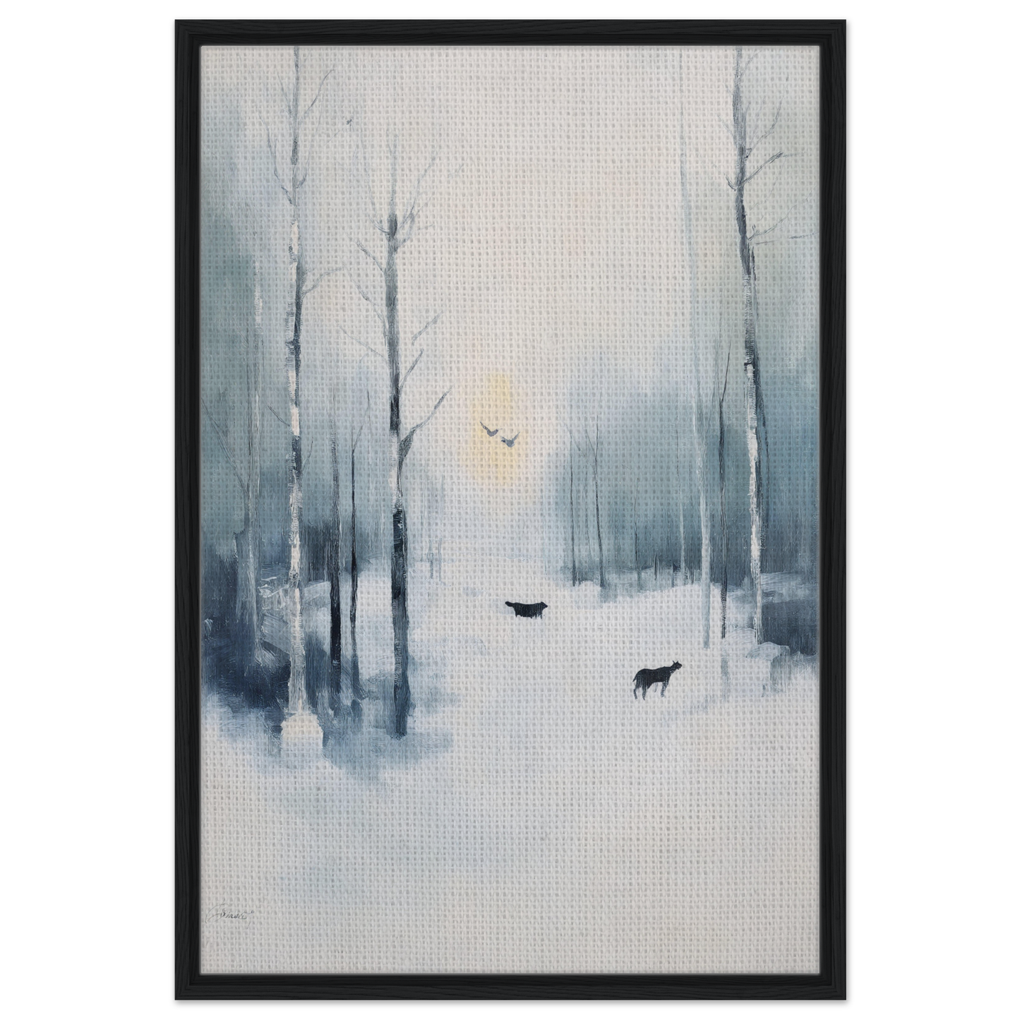 Misty winter forest painting featuring trees and animals, Icicle Wilderness Thrum framed canvas print