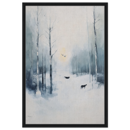 Misty winter forest painting featuring trees and animals, Icicle Wilderness Thrum framed canvas print