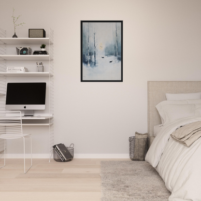 Minimalist bedroom featuring Icicle Wilderness Thrum framed painting and modern decor