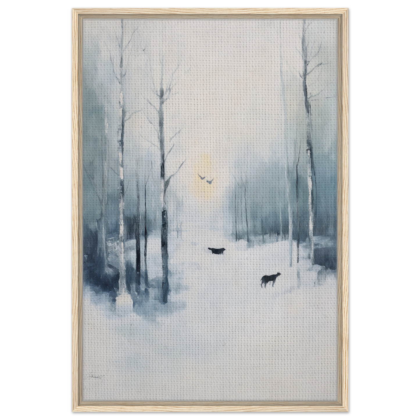 Misty winter forest painting with animals, ideal for Icicle Wilderness Thrum room decor