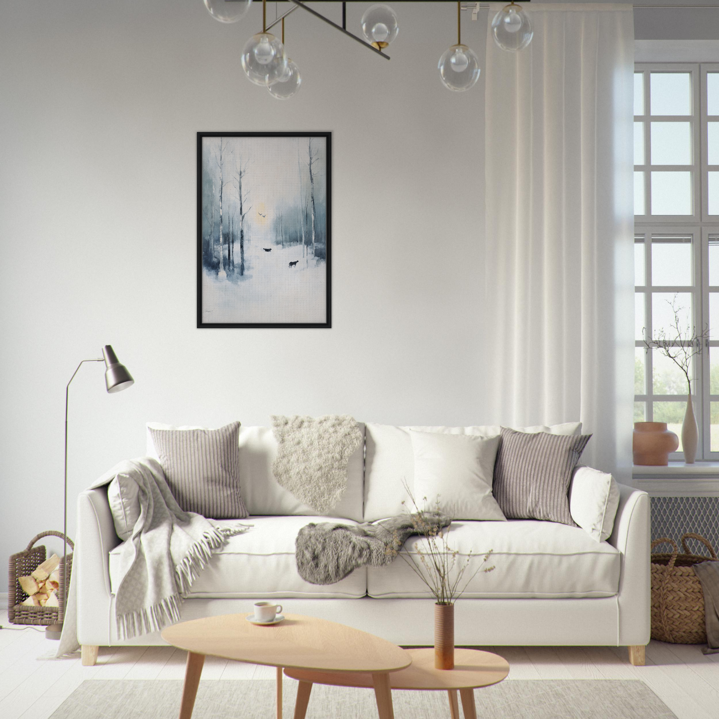 White sofa adorned with assorted throw pillows and blankets from Icicle Wilderness Thrum