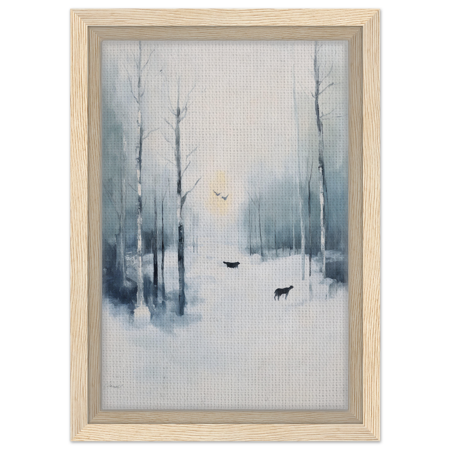 Framed canvas print of misty winter forest with deer silhouettes, Icicle Wilderness Thrum