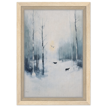 Framed canvas print of misty winter forest with deer silhouettes, Icicle Wilderness Thrum