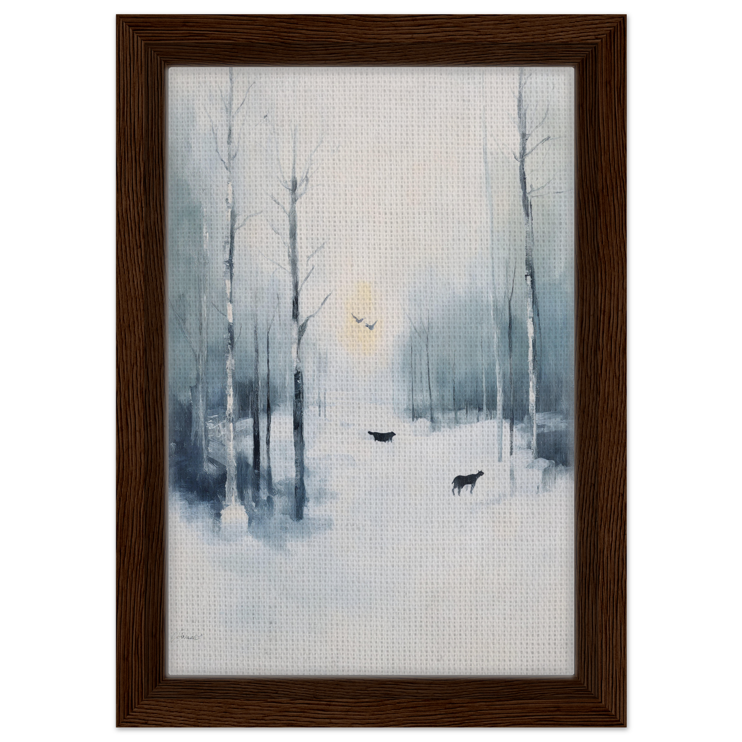 Framed canvas print of icicle wilderness thrum featuring a misty winter forest with deer