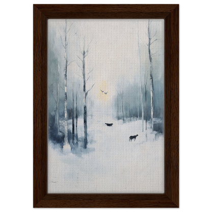 Framed canvas print of icicle wilderness thrum featuring a misty winter forest with deer