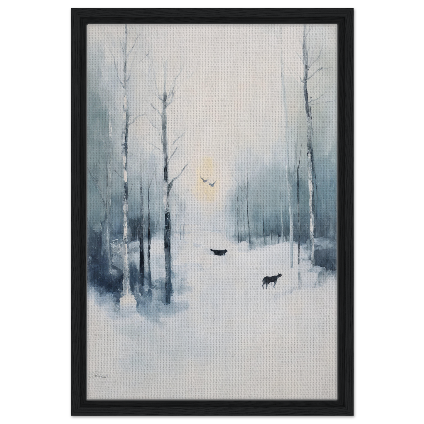 Framed canvas print of icicle wilderness thrum with misty winter forest and deer silhouettes