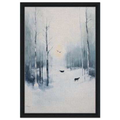 Framed canvas print of icicle wilderness thrum with misty winter forest and deer silhouettes