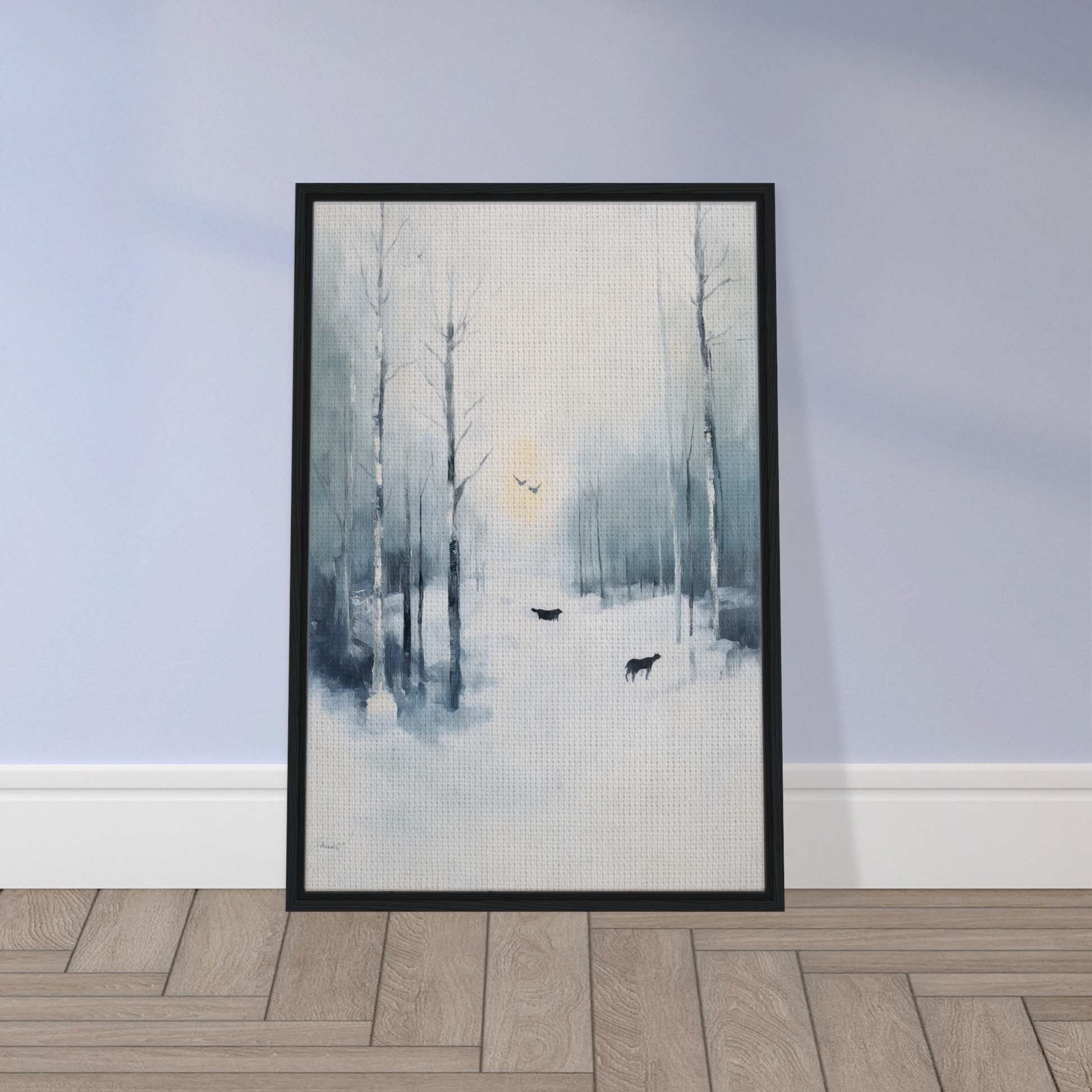 Framed painting of a misty winter forest with deer, ideal for Icicle Wilderness Thrum room decor