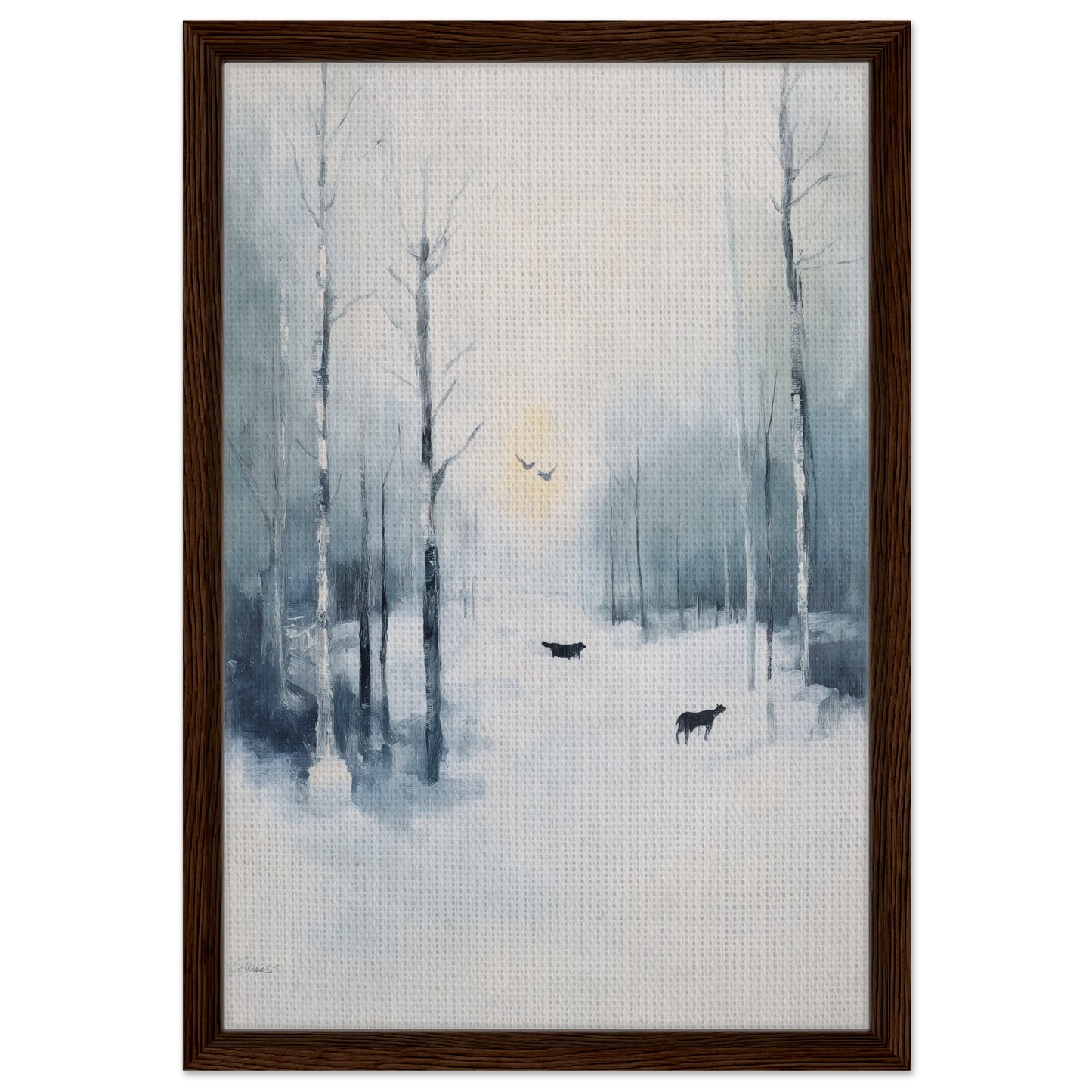 Framed painting of a misty winter forest with deer silhouettes for Icicle Wilderness Thrum room decor