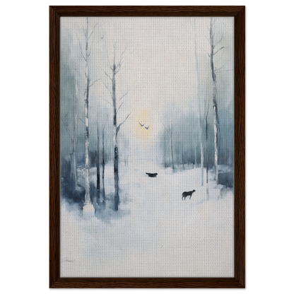 Framed painting of a misty winter forest with deer silhouettes for Icicle Wilderness Thrum room decor