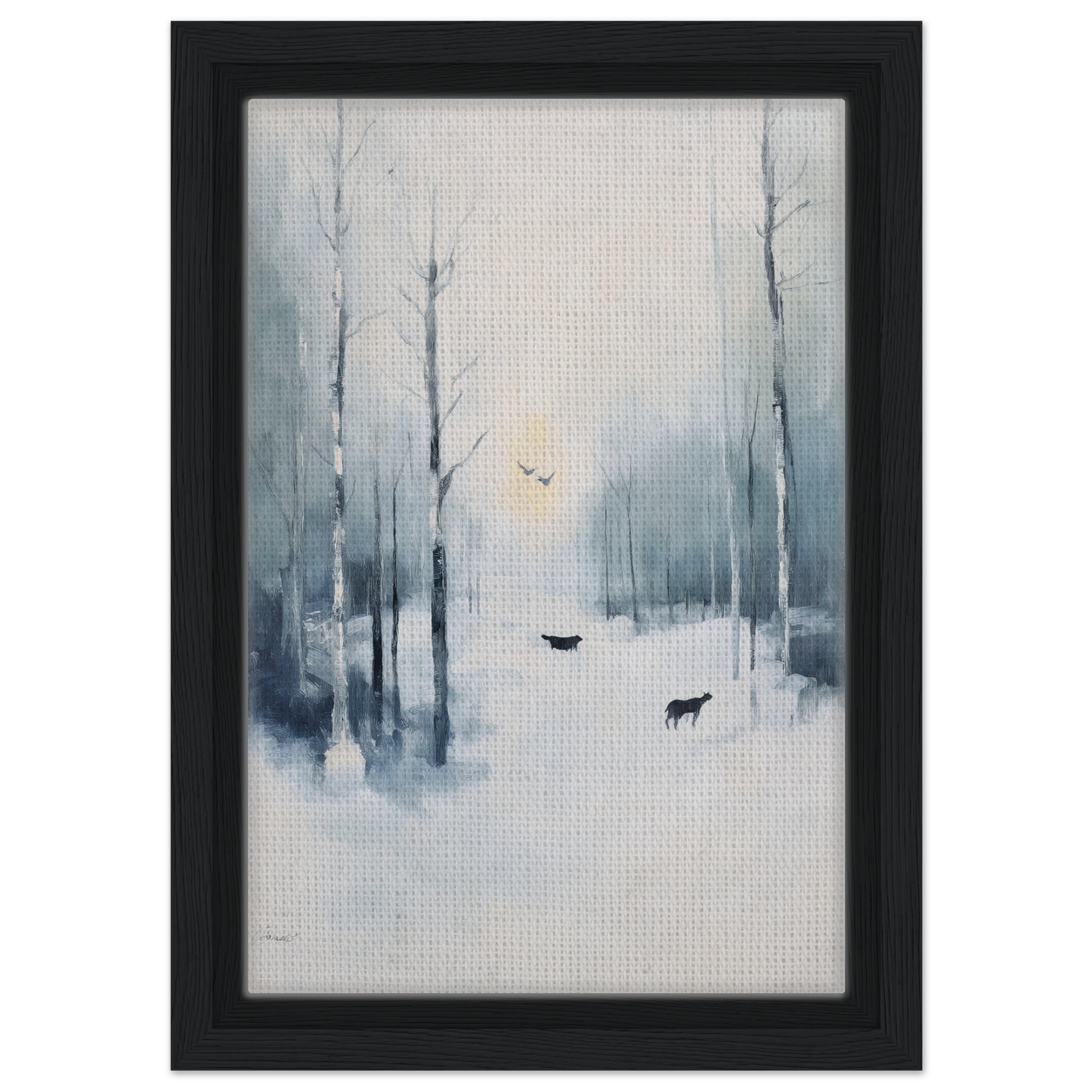 Framed canvas print of misty forest scene with deer, part of Icicle Wilderness Thrum