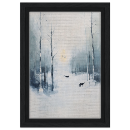 Framed canvas print of misty forest scene with deer, part of Icicle Wilderness Thrum