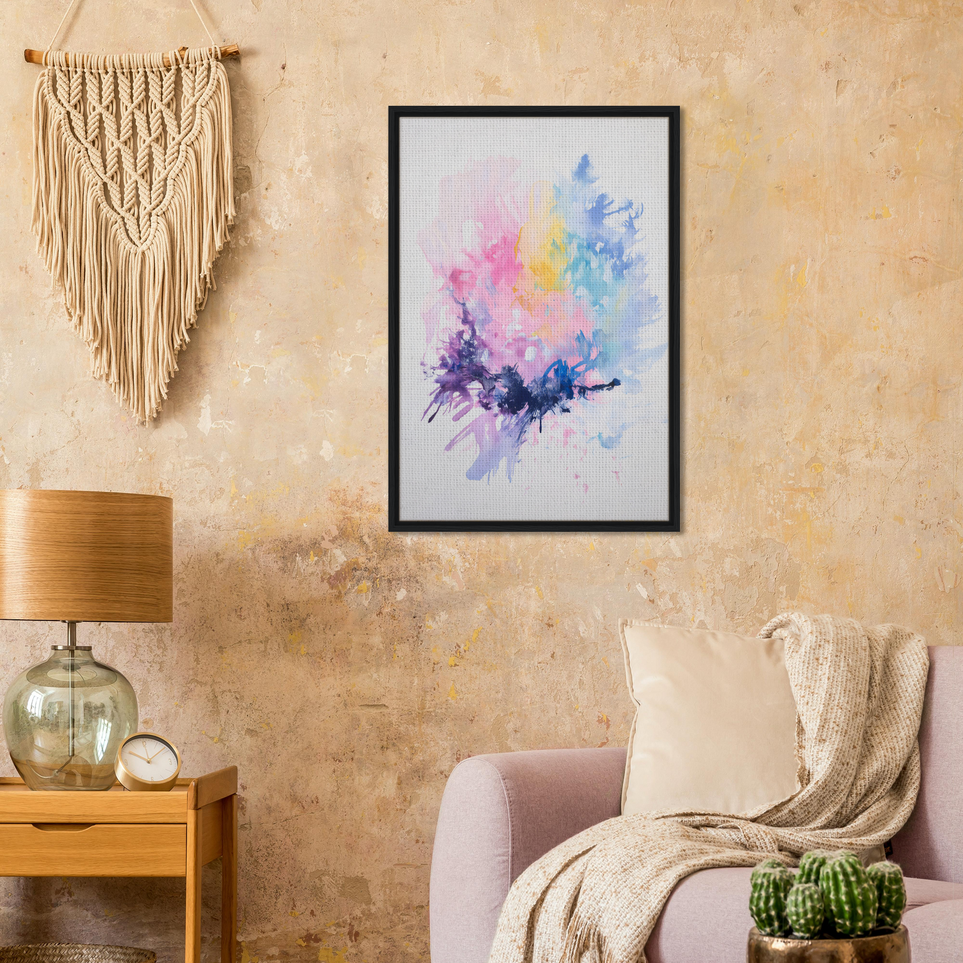 Framed canvas print of Imbibe Celestial Alchemy with vibrant abstract watercolor splashes