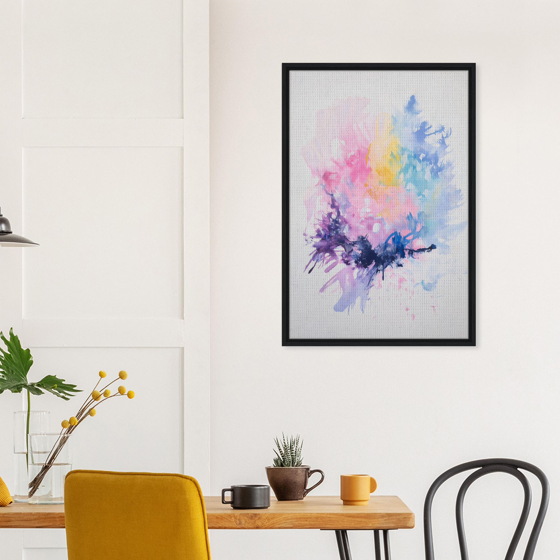 Colorful abstract watercolor painting in a black frame, imbibe celestial alchemy themed