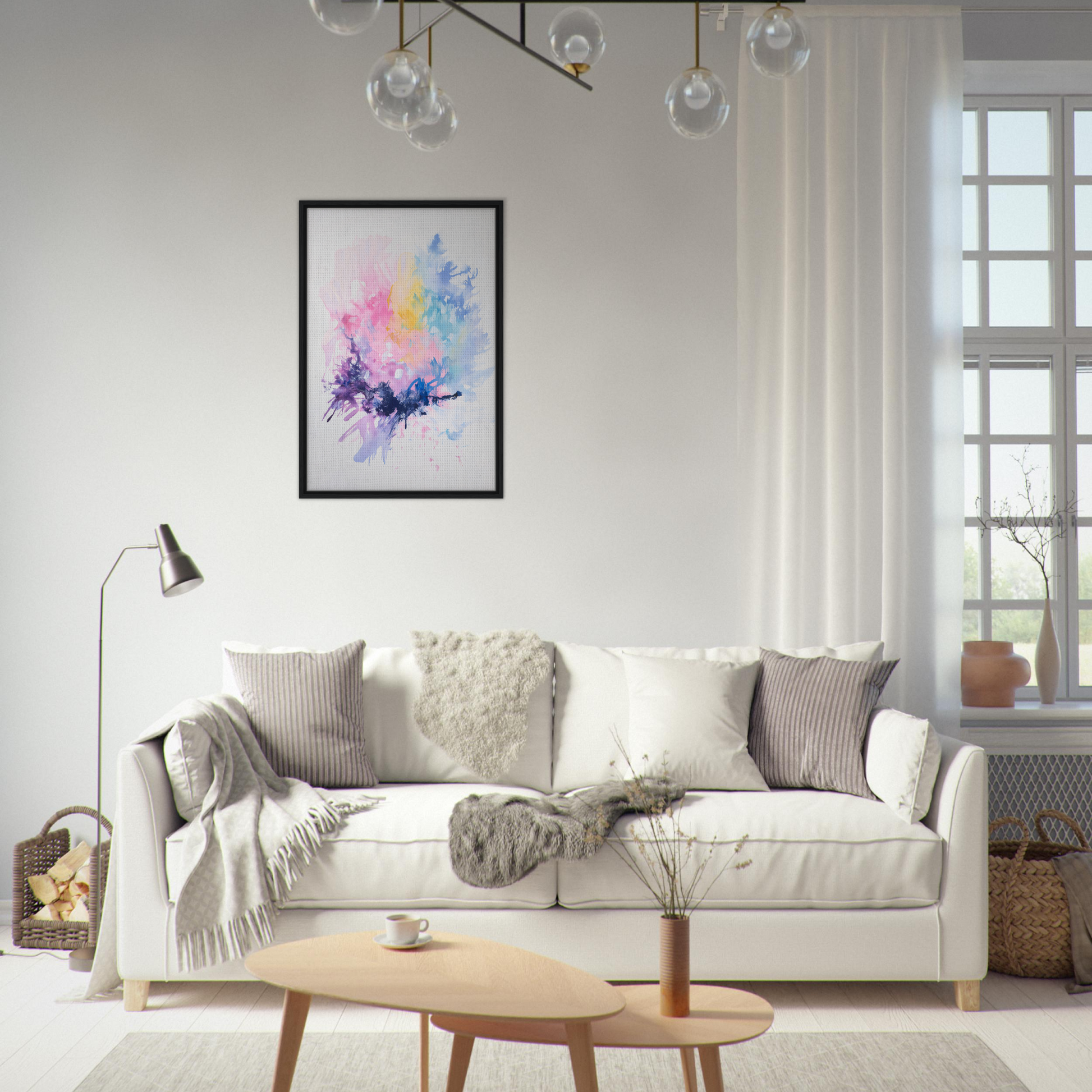 White sofa adorned with pillows and blankets, complementing Imbibe Celestial Alchemy room decor
