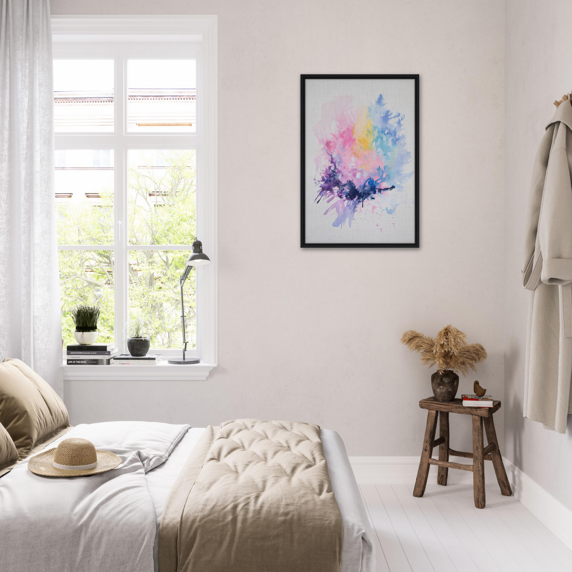 Bright, airy bedroom featuring Imbibe Celestial Alchemy framed canvas wall art