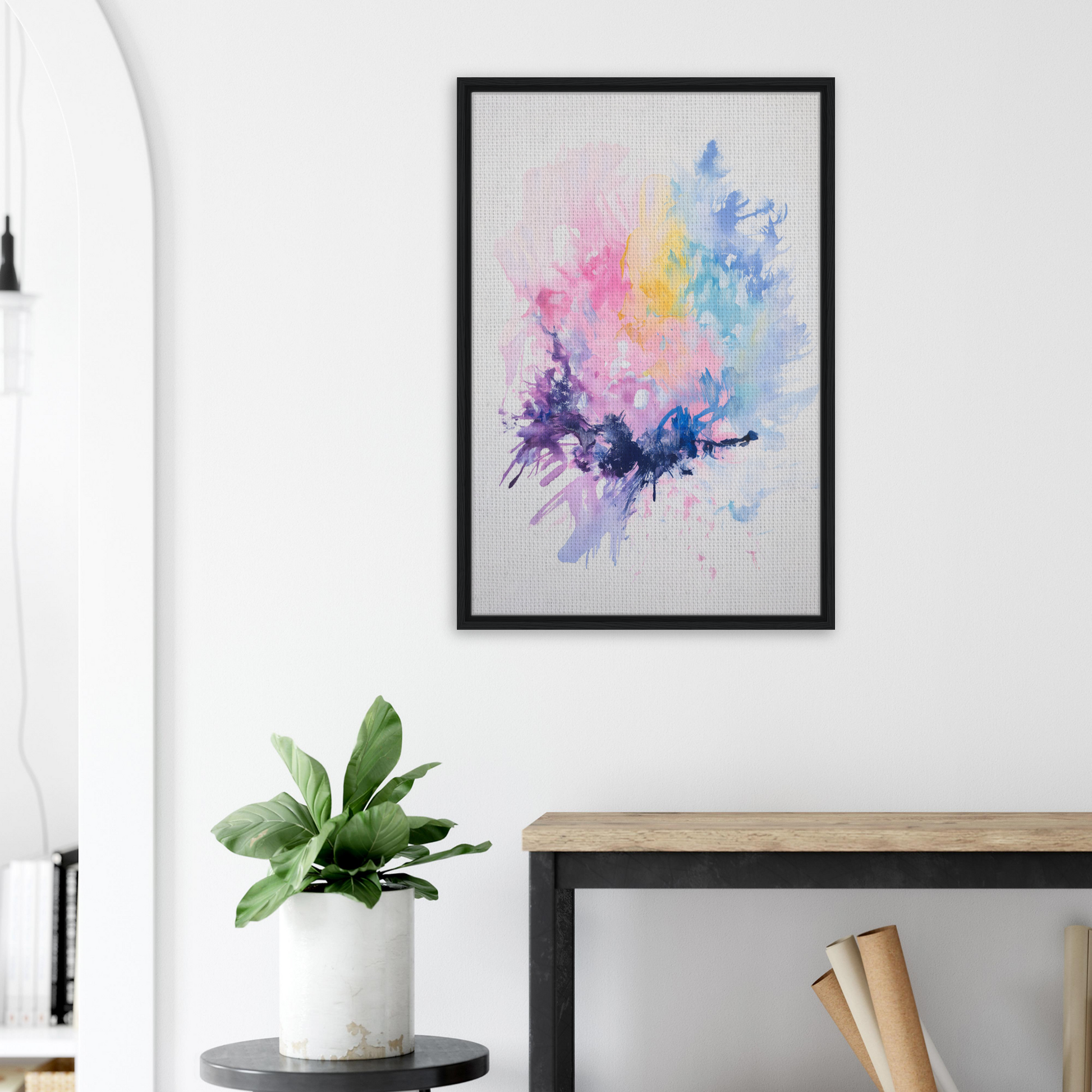 Framed canvas print of Imbibe Celestial Alchemy showcasing pastel colors and deep purple