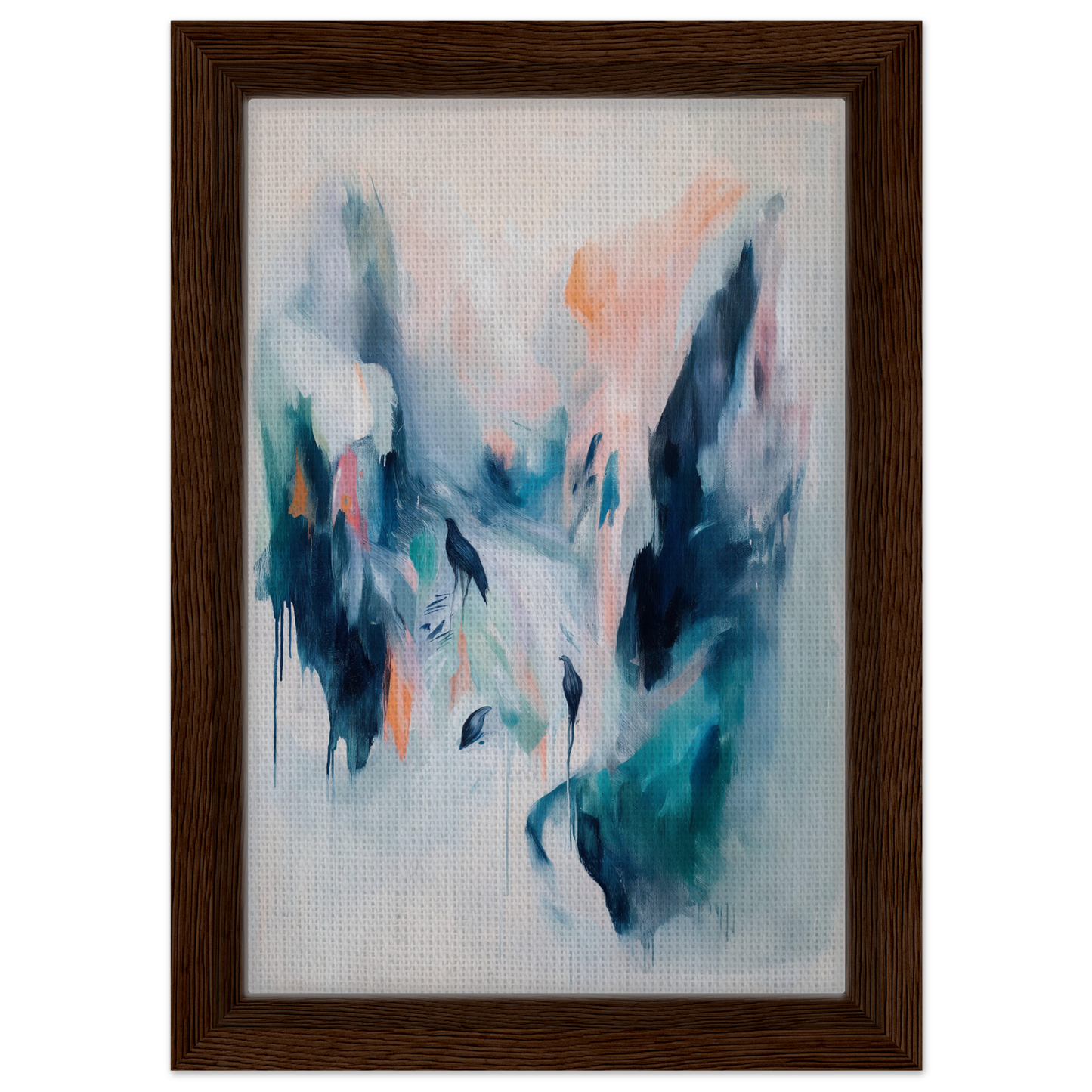 Abstract painting in pastel blues, greens, and peach tones, framed canvas print Infinite Evasion Blues