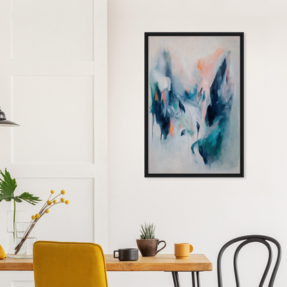 Abstract painting in blue, white, and peach tones, framed canvas print named Infinite Evasion Blues