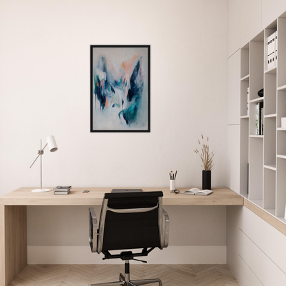 Minimalist home office showcasing Infinite Evasion Blues framed canvas print on wooden desk