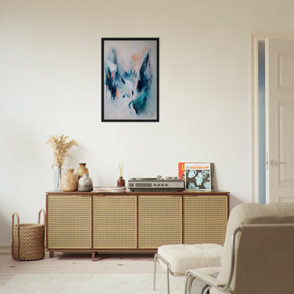 Wooden sideboard with cane-webbed doors and decor from Infinite Evasion Blues for room decor