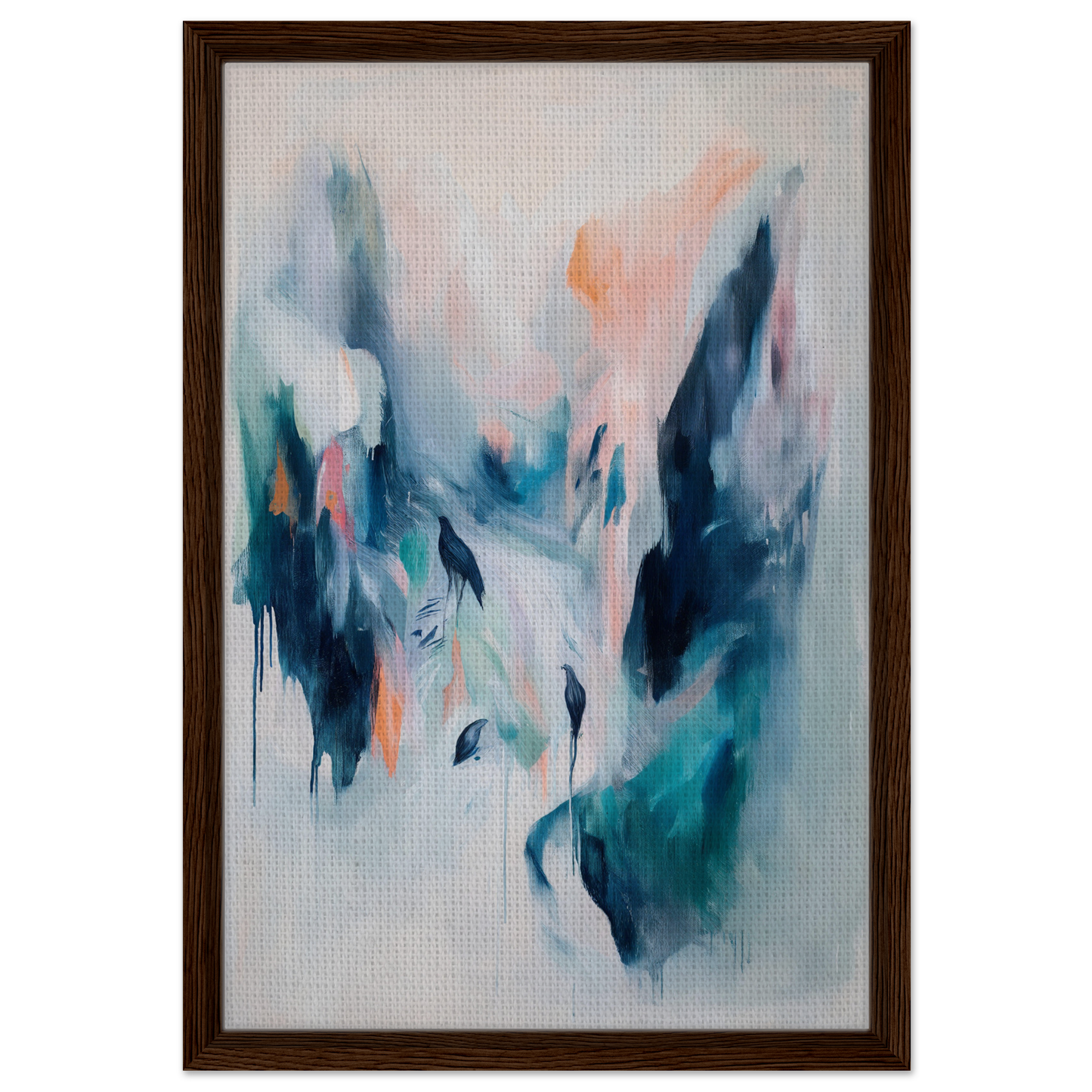 Abstract painting with blue, teal, and peach tones in a frame, Infinite Evasion Blues