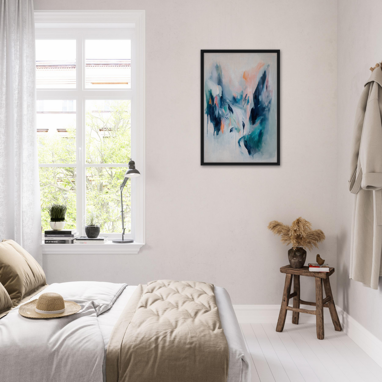 Bright, airy bedroom with minimalist decor featuring Infinite Evasion Blues artwork