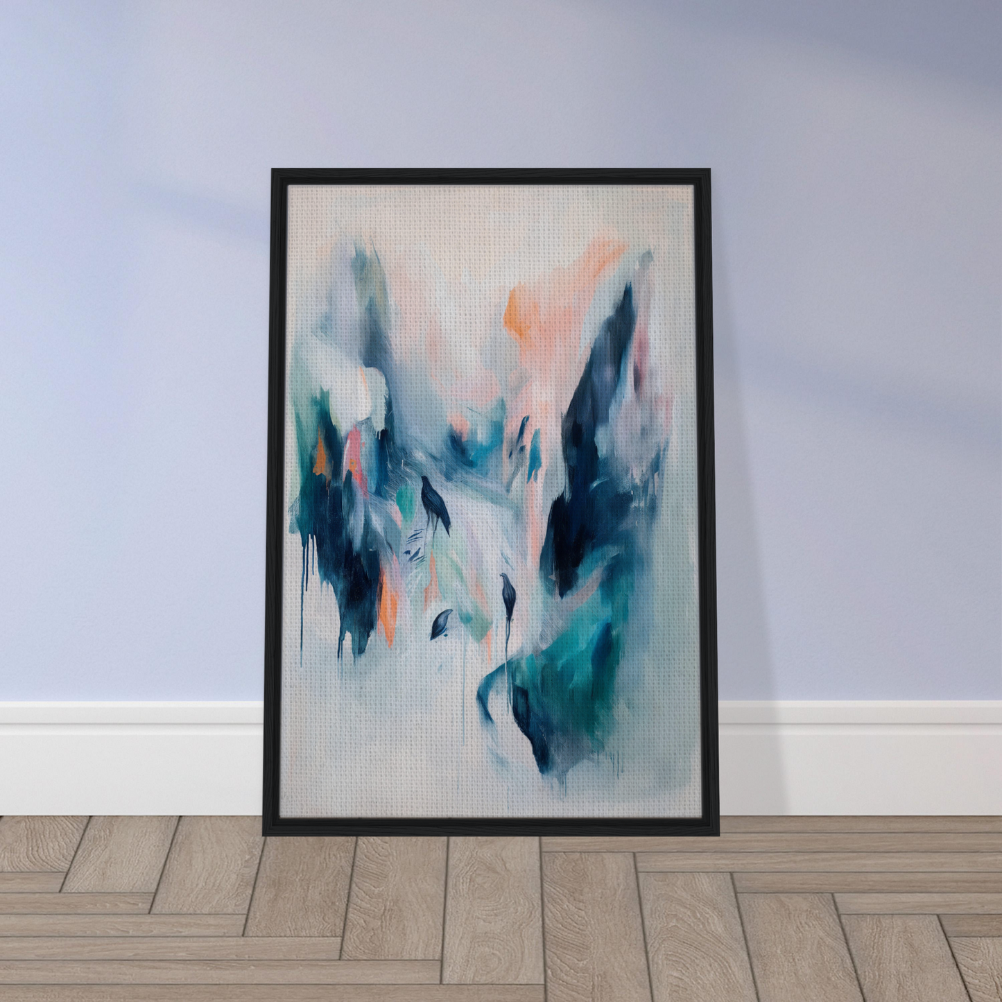 Abstract painting in blue, green, and peach tones for Infinite Evasion Blues room decor