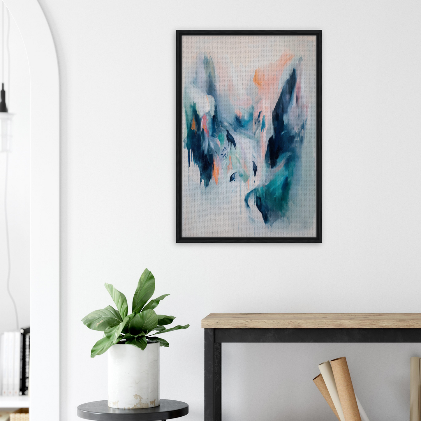 Abstract painting in blue and peach tones, perfect for Infinite Evasion Blues room decor