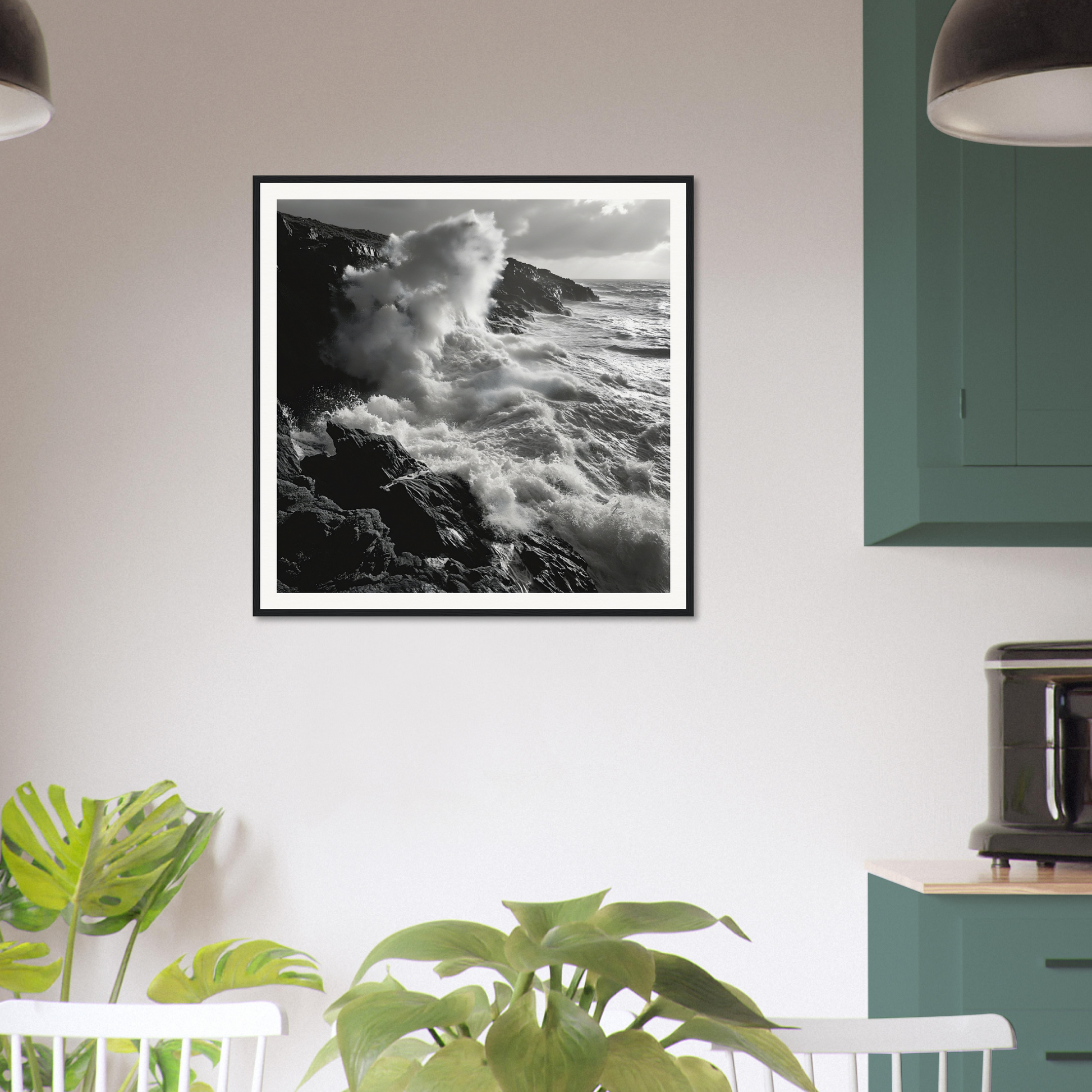 Framed black-and-white photograph of crashing waves for Infinite Nautical Poem wall art