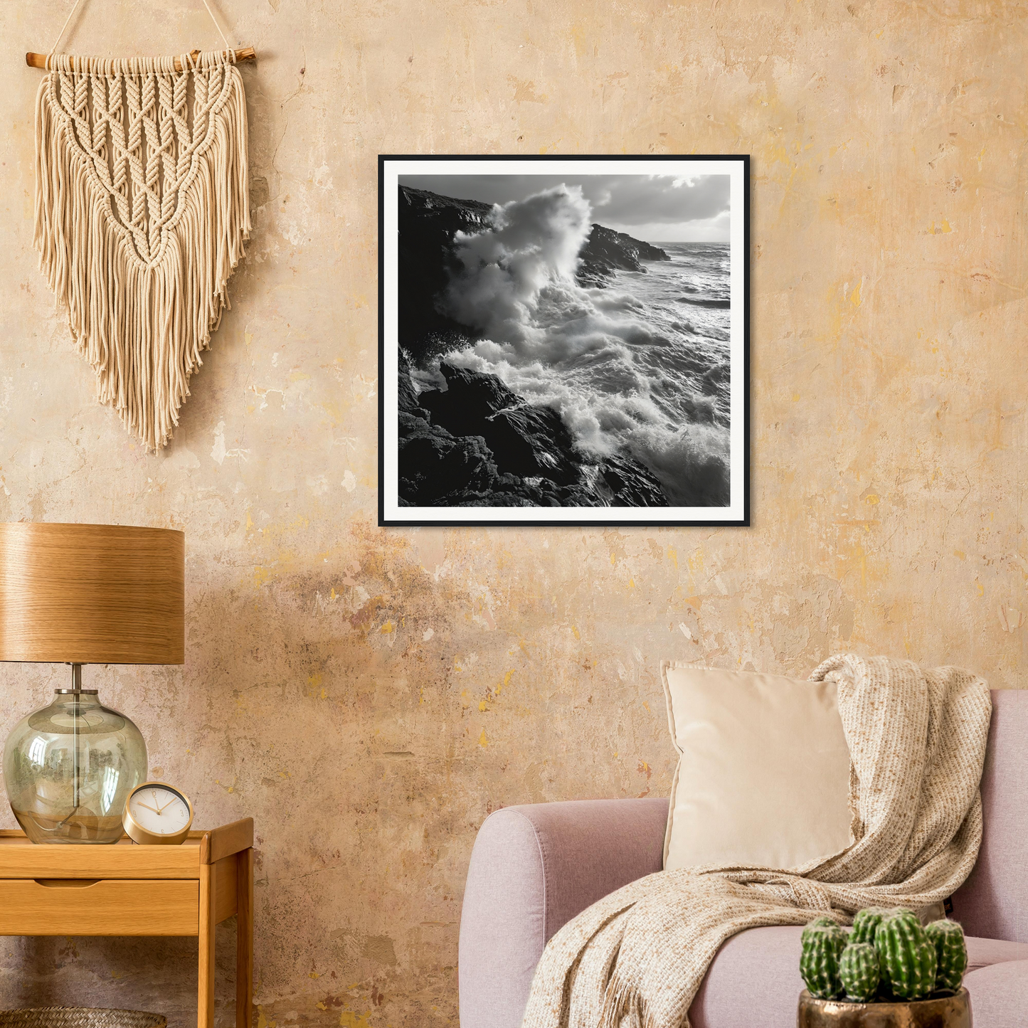 Framed black and white photograph of crashing waves for the Infinite Nautical Poem