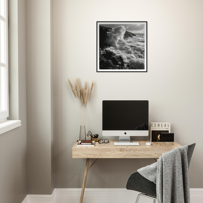 Minimalist wooden desk featuring a computer and elements inspired by Infinite Nautical Poem