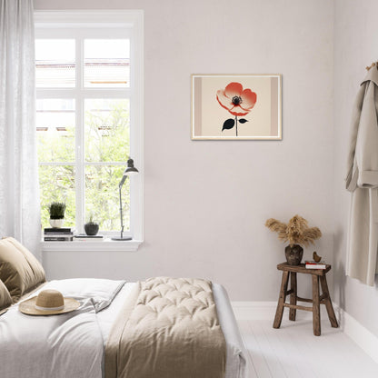 Bright, airy bedroom with minimalist decor and a floral print on the wall.