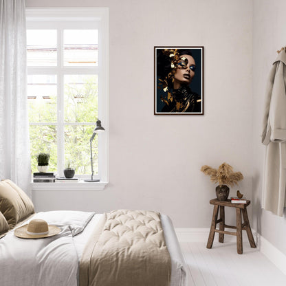 Bright, airy bedroom with white decor and a striking portrait on the wall.