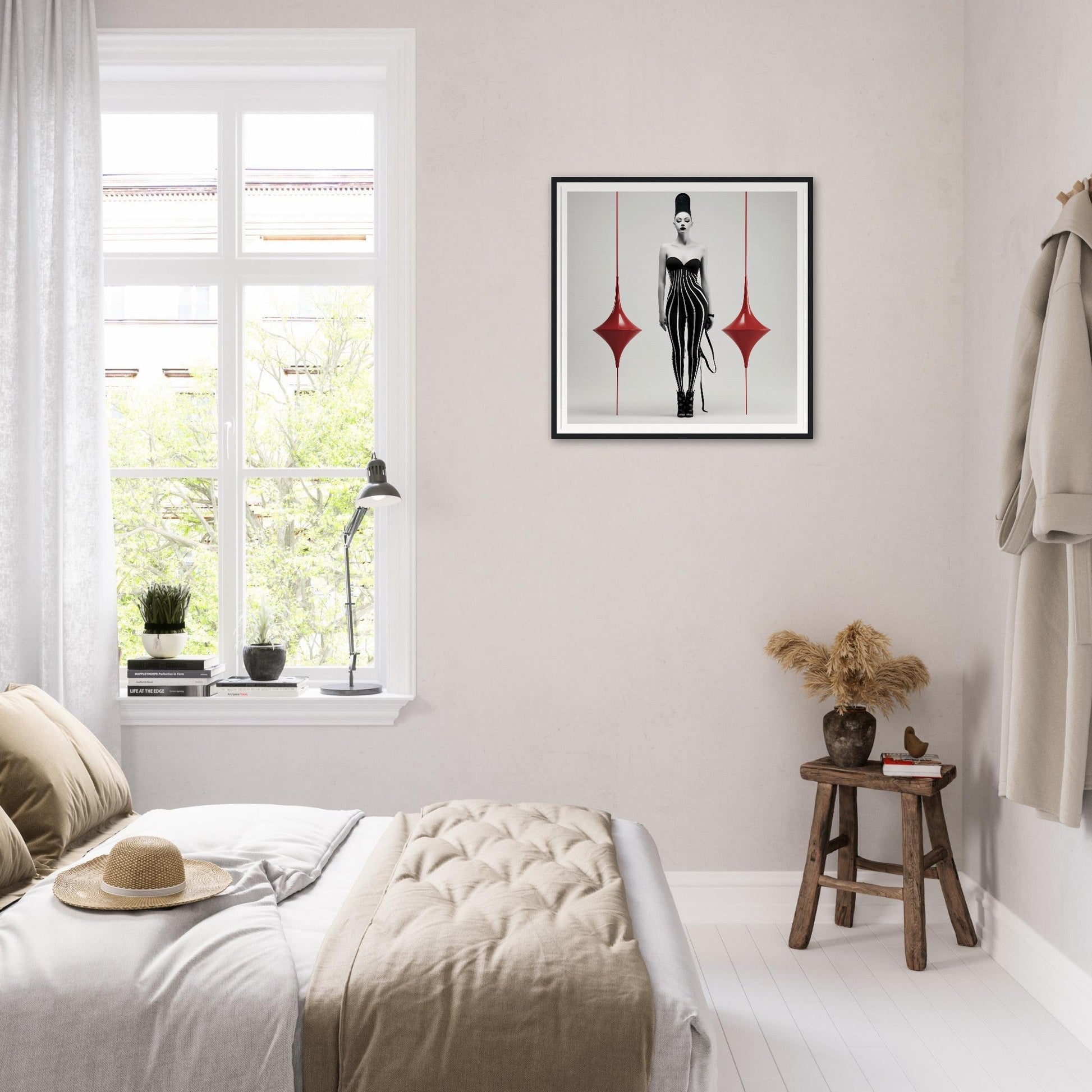 Bright, minimalist bedroom with white walls and bedding.