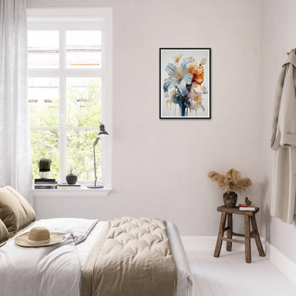 Bright, airy bedroom with white decor and colorful wall art.