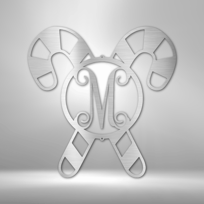 Stylized monogram ’M’ formed by two crossed candy canes with curled ends.