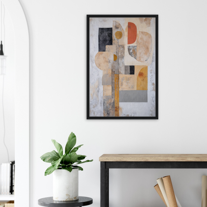 Abstract geometric painting in muted earth tones on the Interlocking Velvet Synapse frame