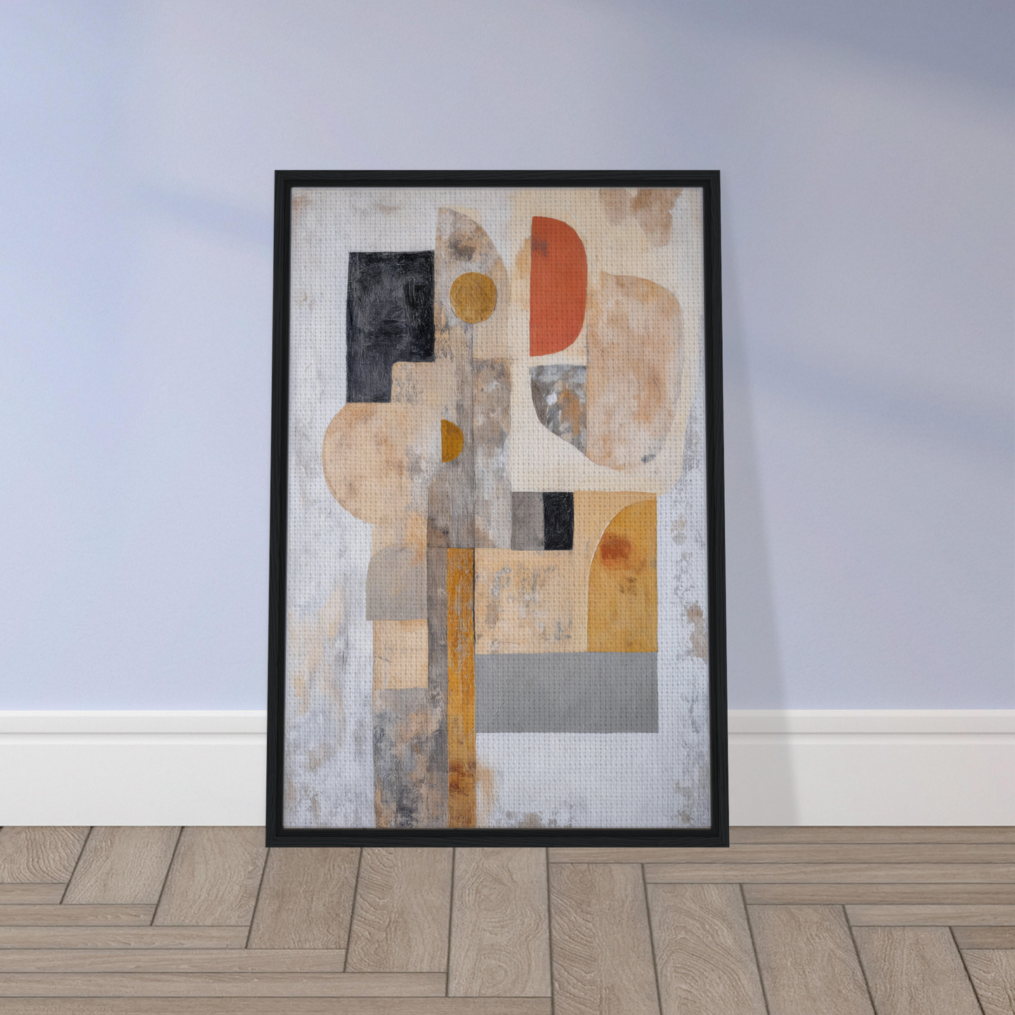 Abstract geometric artwork in muted earth tones, framed canvas print Interlocking Velvet Synapse