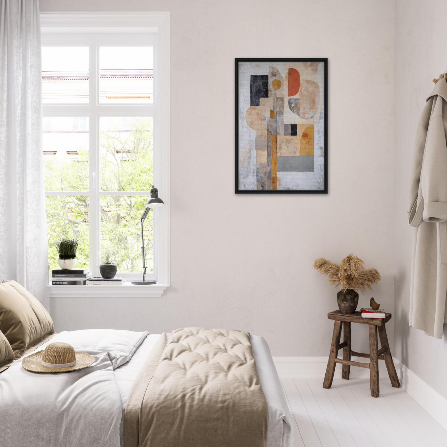 Bright, airy bedroom featuring Interlocking Velvet Synapse with minimalist room decor