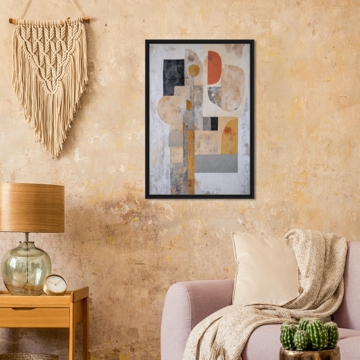 Abstract geometric painting in muted earth tones framed as Interlocking Velvet Synapse