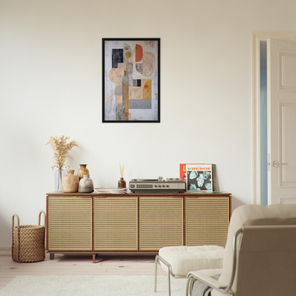 Wooden sideboard with cane-webbed doors and decorative items from Interlocking Velvet Synapse