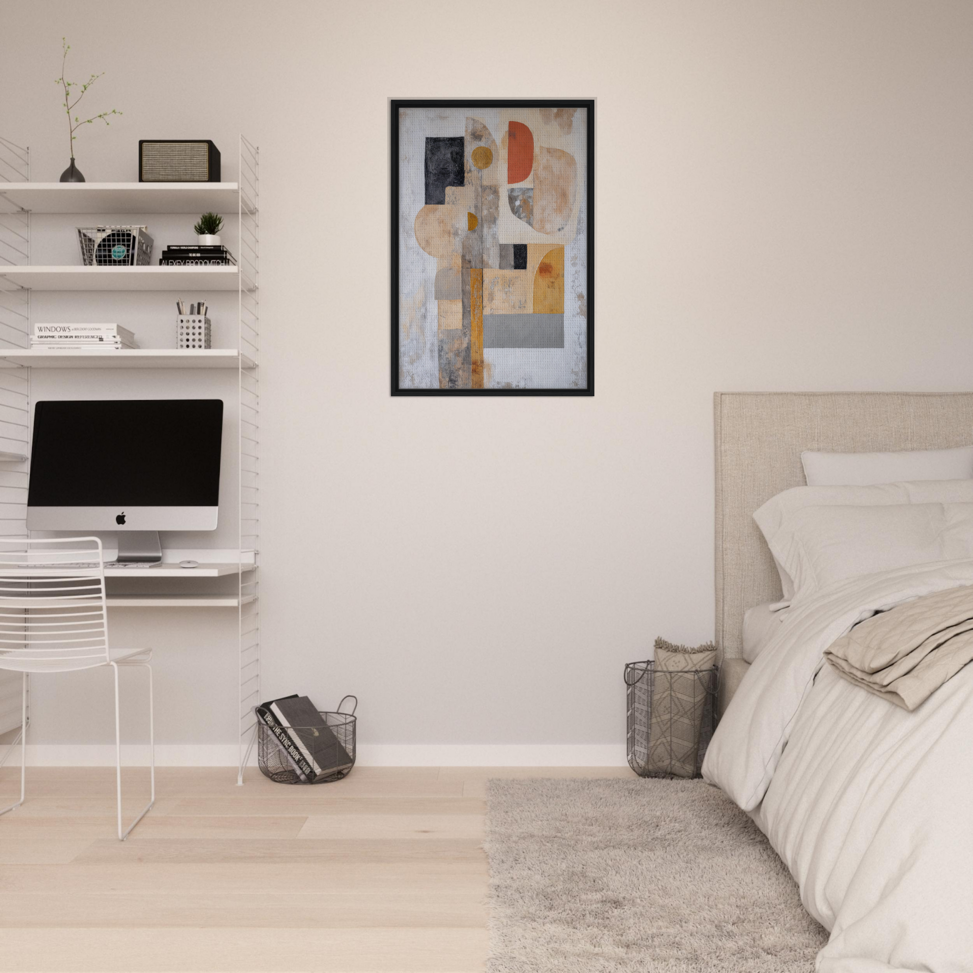 Modern bedroom showcasing Interlocking Velvet Synapse with minimalist decor and abstract art