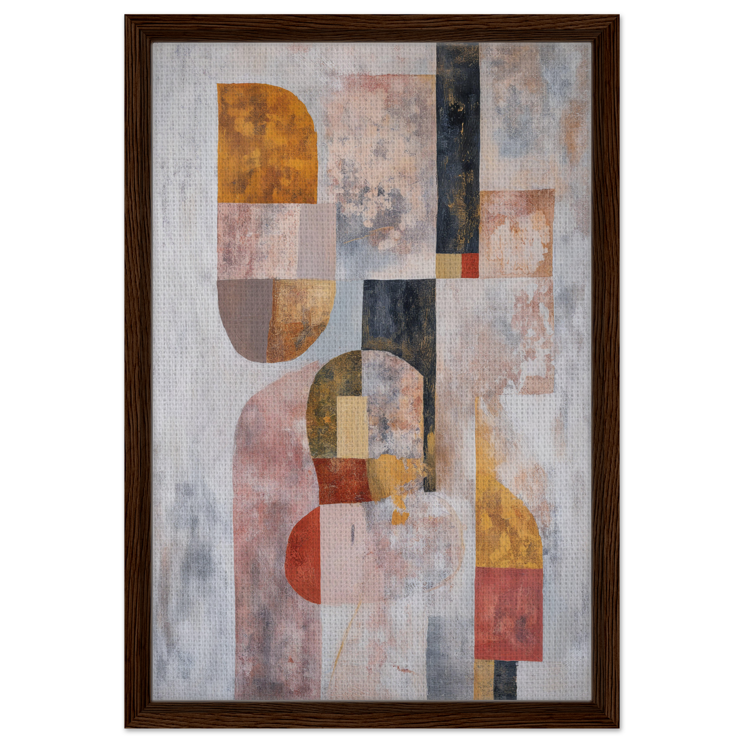 Abstract painting with geometric shapes and muted colors, ideal for room decor, Interwoven Dream Geometry